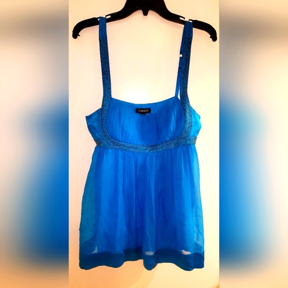 Bebe blue satin medium tank top with hand-sewn dark grey accent beads in front - Picture 1 of 1